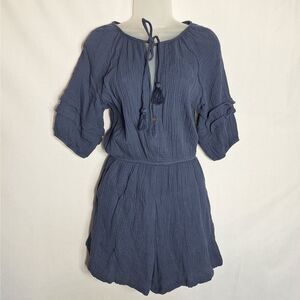 Knox Rose Womens Romper Blue 3/4 Sleeve Gauze Cinch Waist Tie Neck Medium